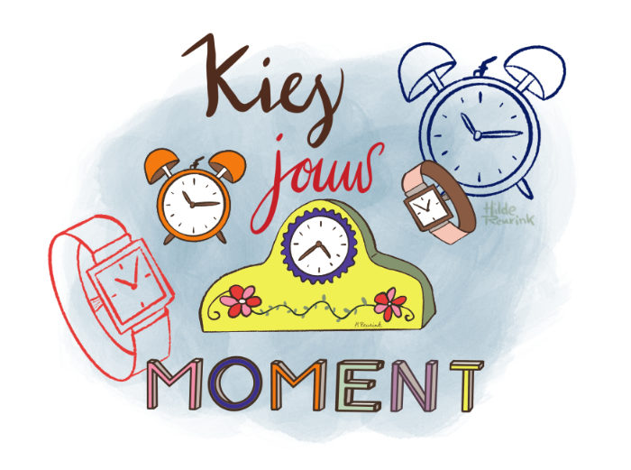 illustratie tekening van verzameling klokken met handlettering tekst Kies jouw moment voor boek Elke dag tekenen voor uitstellers | © Hilde Reurink