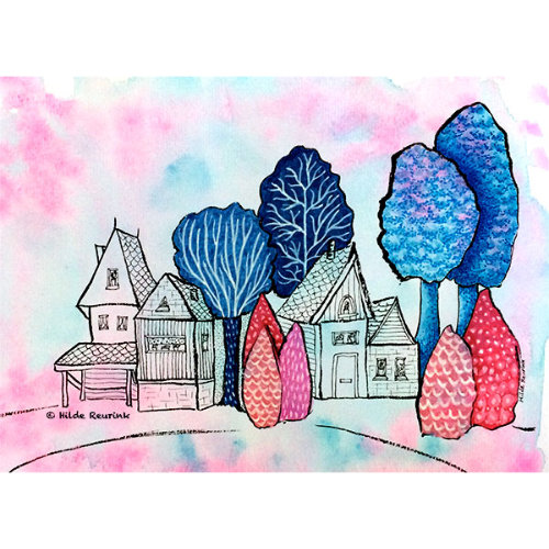 handgetekende illustratie van dorpje tussen kleurige bomen